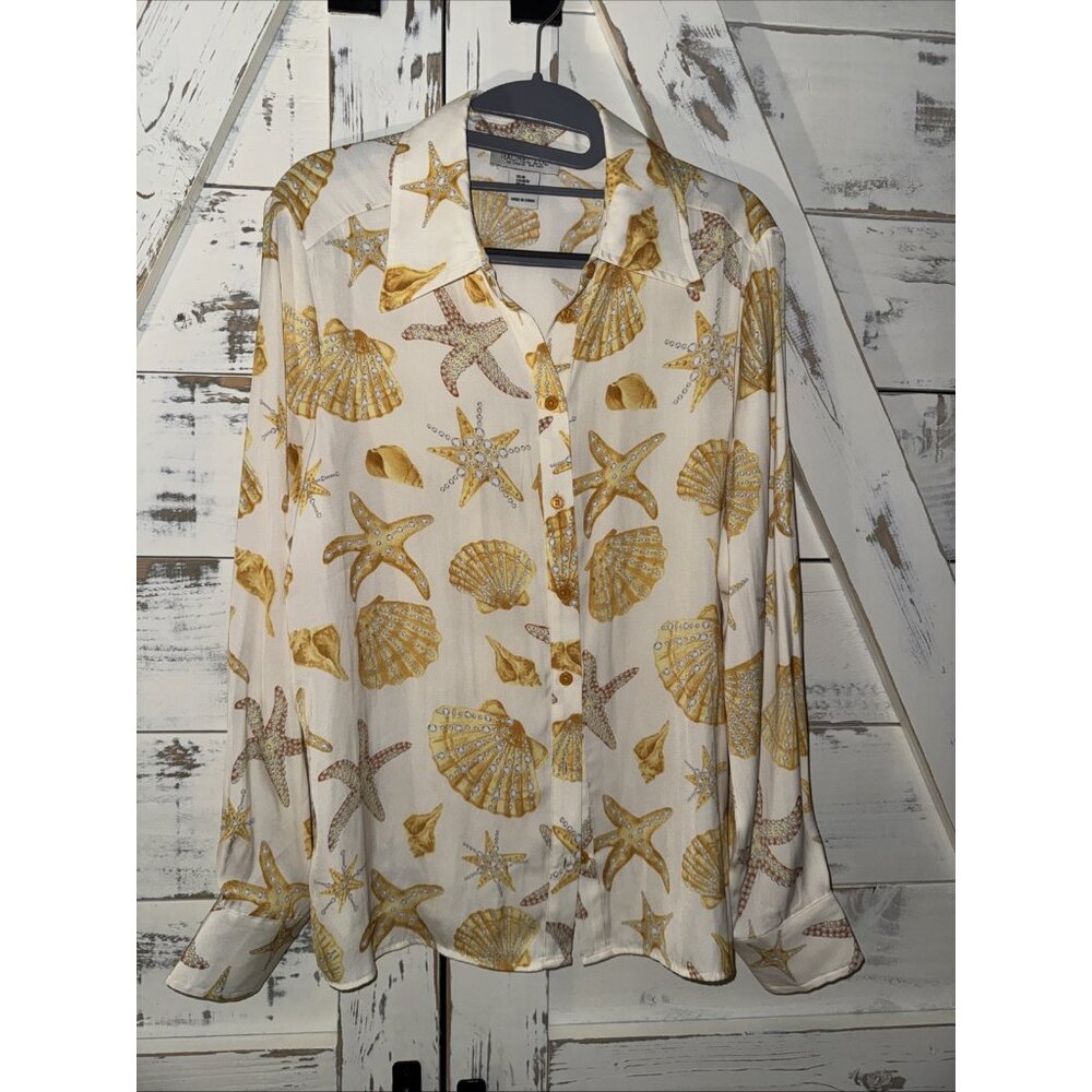Rachel Zoe Seashell Starfish Blouse M Gold White Cream Coastal Print Top